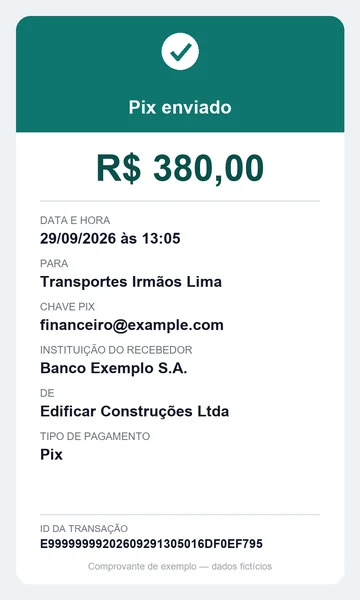 Comprovante de Pix de exemplo, com dados fictícios